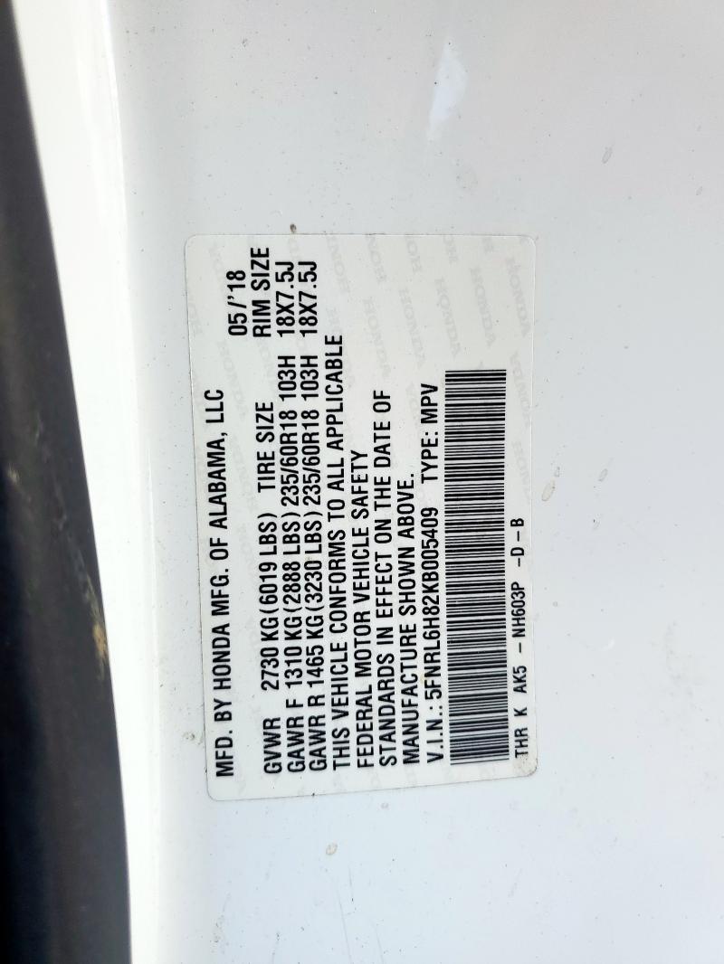 5FNRL6H82KB005409 - 2019 HONDA ODYSSEY TOURING WHITE photo 12