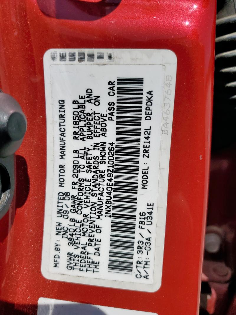 1NXBU40E49Z100264 - 2009 TOYOTA COROLLA BASE წითელი ფოტო 12