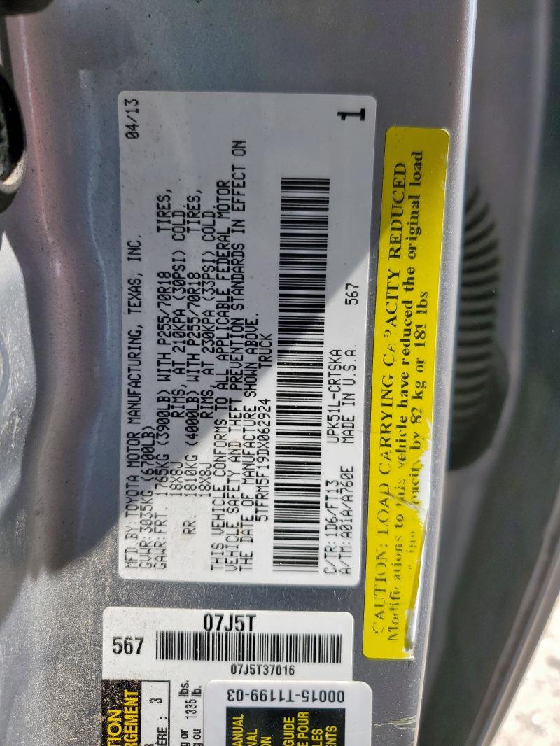 5TFRM5F19DX062924 - 2013 TOYOTA TUNDRA DOUBLE CAB SR5 SILVER photo 12