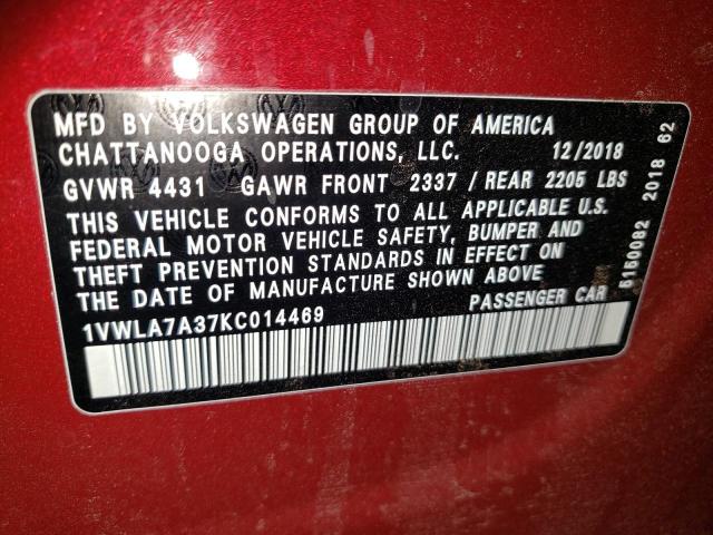 1VWLA7A37KC014469 - 2019 VOLKSWAGEN PASSAT WOLFSBURG RED photo 12