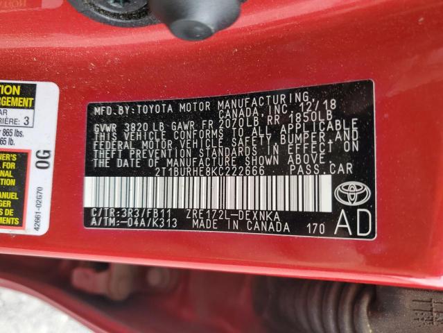 2T1BURHE8KC222666 - 2019 TOYOTA COROLLA L RED photo 23
