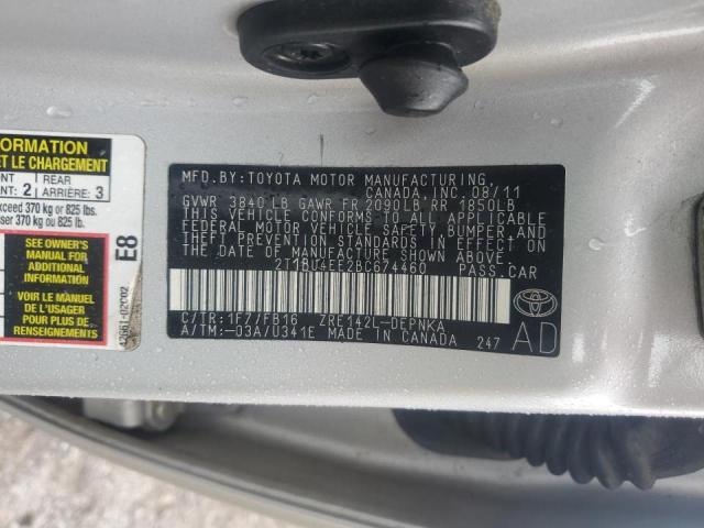 2T1BU4EE2BC674460 - 2011 TOYOTA COROLLA BASE Сріблястий фото 12