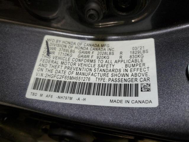 2HGFC2F65MH551276 - 2021 HONDA CIVIC LX GRAY photo 12