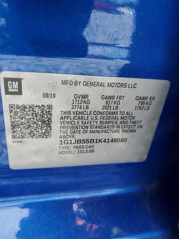 1G1JB5SB1K4149080 - 2019 CHEVROLET SONIC LS ლურჯი ფოტო 12