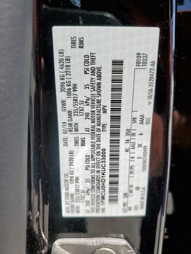 1FMCU0HD1KUC33000 - 2019 FORD ESCAPE SEL BLACK photo 13