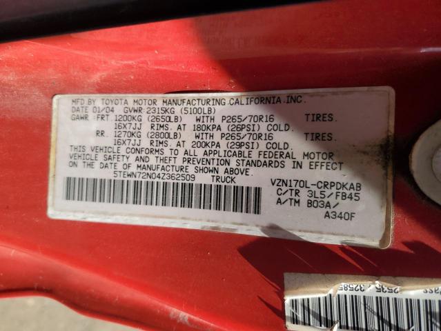 5TEWN72N04Z362509 - 2004 TOYOTA TACOMA XTRACAB წითელი ფოტო 13