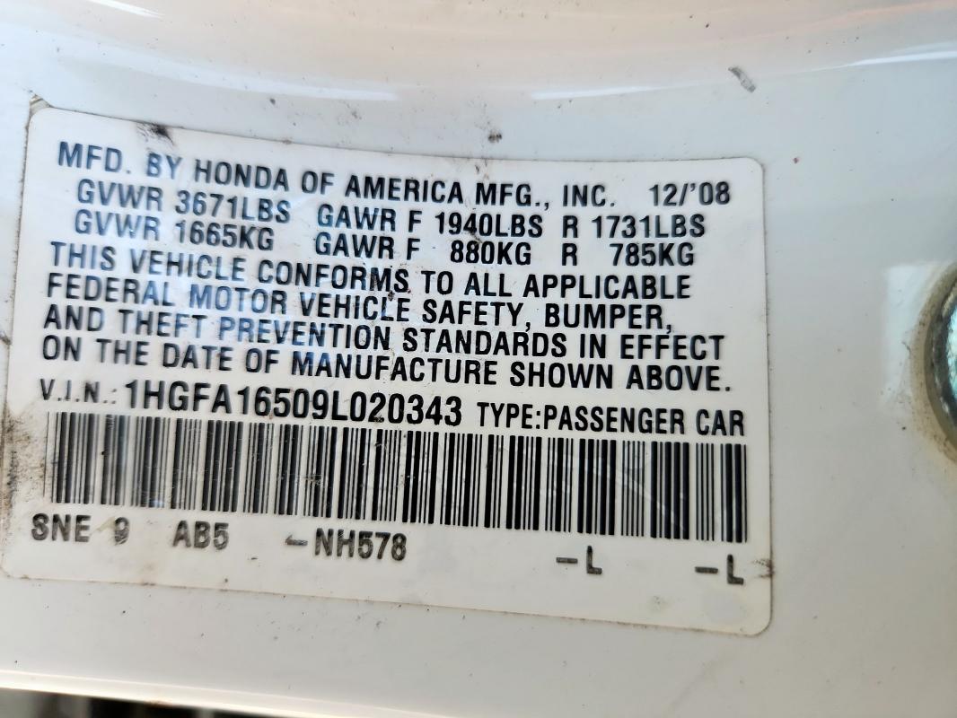 1HGFA16509L020343 - 2009 HONDA CIVIC LX თეთრი ფოტო 12