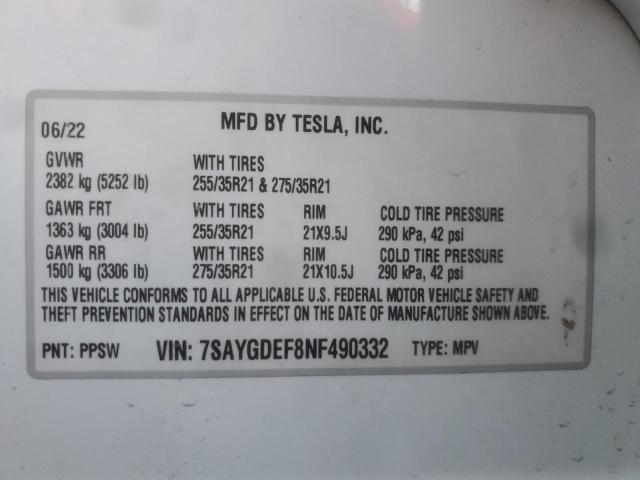 7SAYGDEF8NF490332 - 2022 TESLA MODEL Y WHITE photo 13