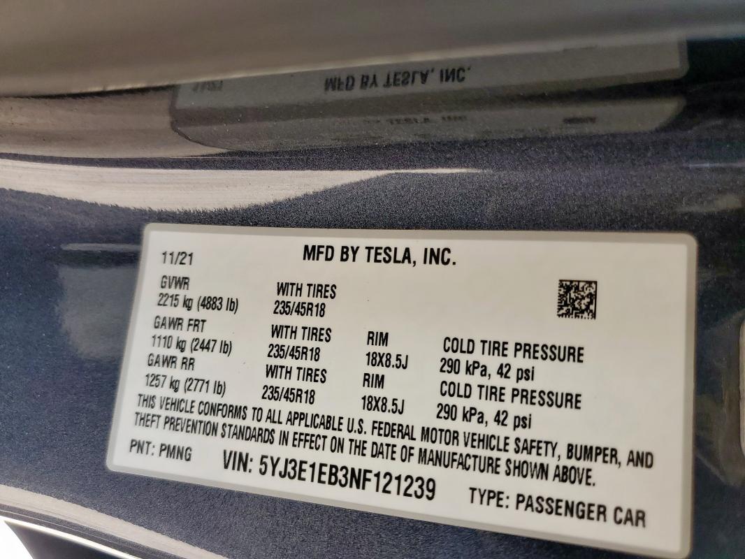 5YJ3E1EB3NF121239 - 2022 TESLA MODEL 3 Boz foto 12