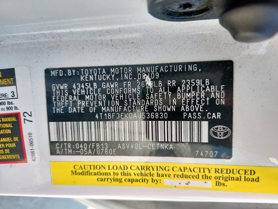 4T1BF3EK0AU536830 - 2010 TOYOTA CAMRY BASE WHITE photo 12