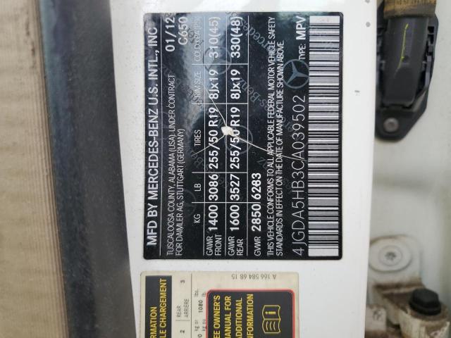 4JGDA5HB3CA039502 - 2012 MERCEDES-BENZ ML 350 4MATIC WHITE photo 13