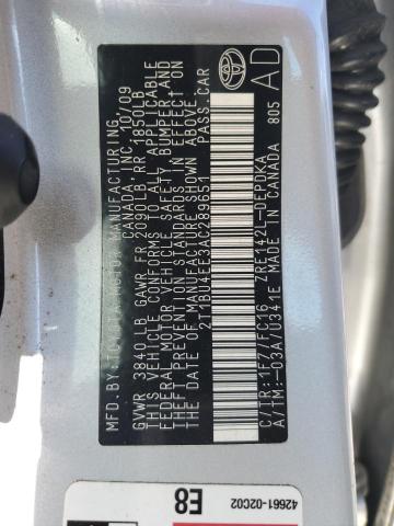 2T1BU4EE3AC289651 - 2010 TOYOTA COROLLA BASE 银色 照片 12