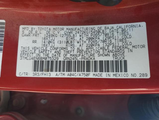 3TMLU4EN6BM075329 - 2011 TOYOTA TACOMA DOUBLE CAB Красный фото 12