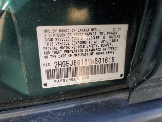 2HGEJ6616YH501618 - 2000 HONDA CIVIC BASE GREEN photo 12