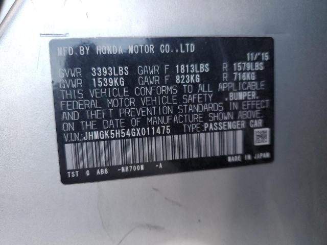 JHMGK5H54GX011475 - 2016 HONDA FIT LX SILVER photo 13