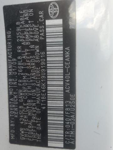 4T1BE46K19U919016 - 2009 TOYOTA CAMRY BASE WHITE photo 12