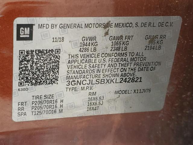 3GNCJLSBXKL242821 - 2019 CHEVROLET TRAX 1LT ყავისფერი ფოტო 13