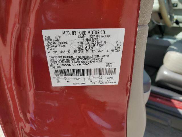 1FMCU9D73CKB16648 - 2012 FORD ESCAPE XLT RED photo 12