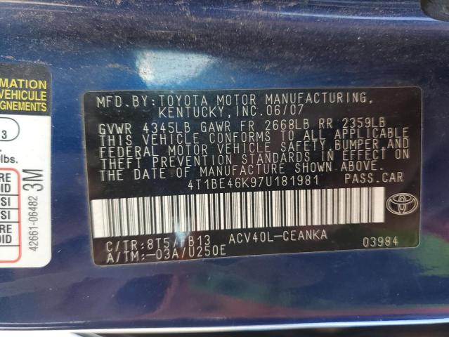 4T1BE46K97U181981 - 2007 TOYOTA CAMRY CE BLUE photo 12