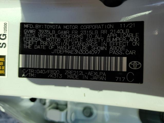 JTDEPMAE3N3004097 - 2022 TOYOTA COROLLA LE WHITE photo 12