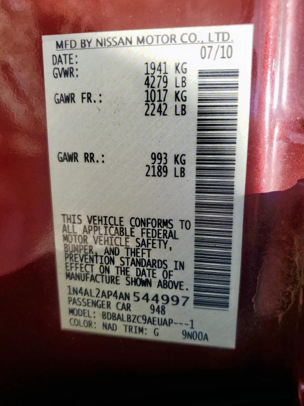 1N4AL2AP4AN544997 - 2010 NISSAN ALTIMA BASE 勃艮第红 照片 12