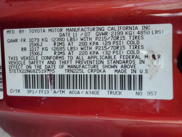 5TETX22N68Z519725 - 2008 TOYOTA TACOMA ACCESS CAB Qırmızı foto 12