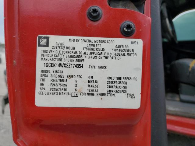 1GCEK14WX2Z174354 - 2002 CHEVROLET SILVERADO K1500 RED photo 12