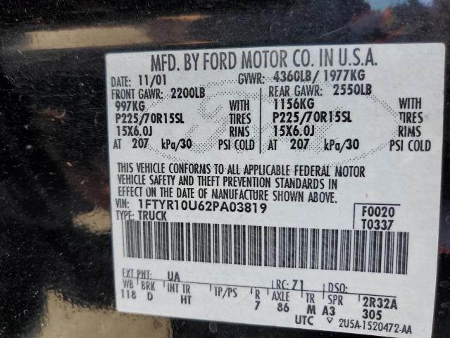 1FTYR10U62PA03819 - 2002 FORD RANGER BLACK photo 12