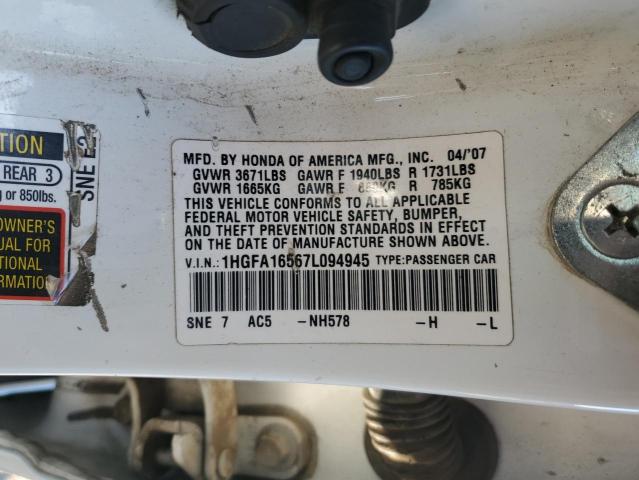 1HGFA16567L094945 - 2007 HONDA CIVIC LX WHITE photo 12
