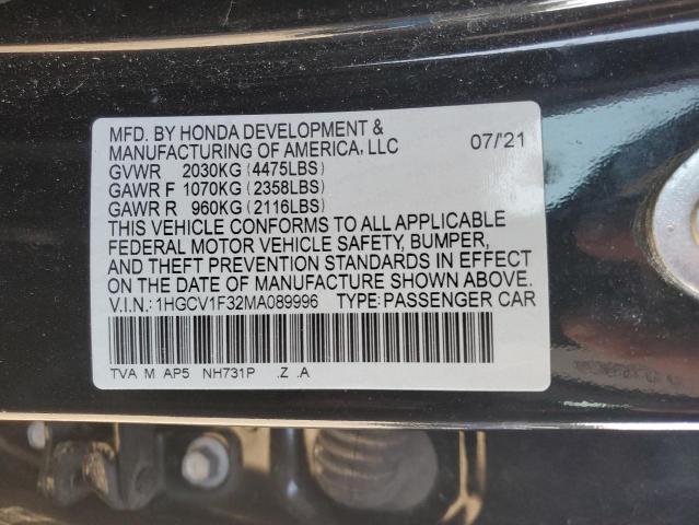 1HGCV1F32MA089996 - 2021 HONDA ACCORD SPORT BLACK photo 12