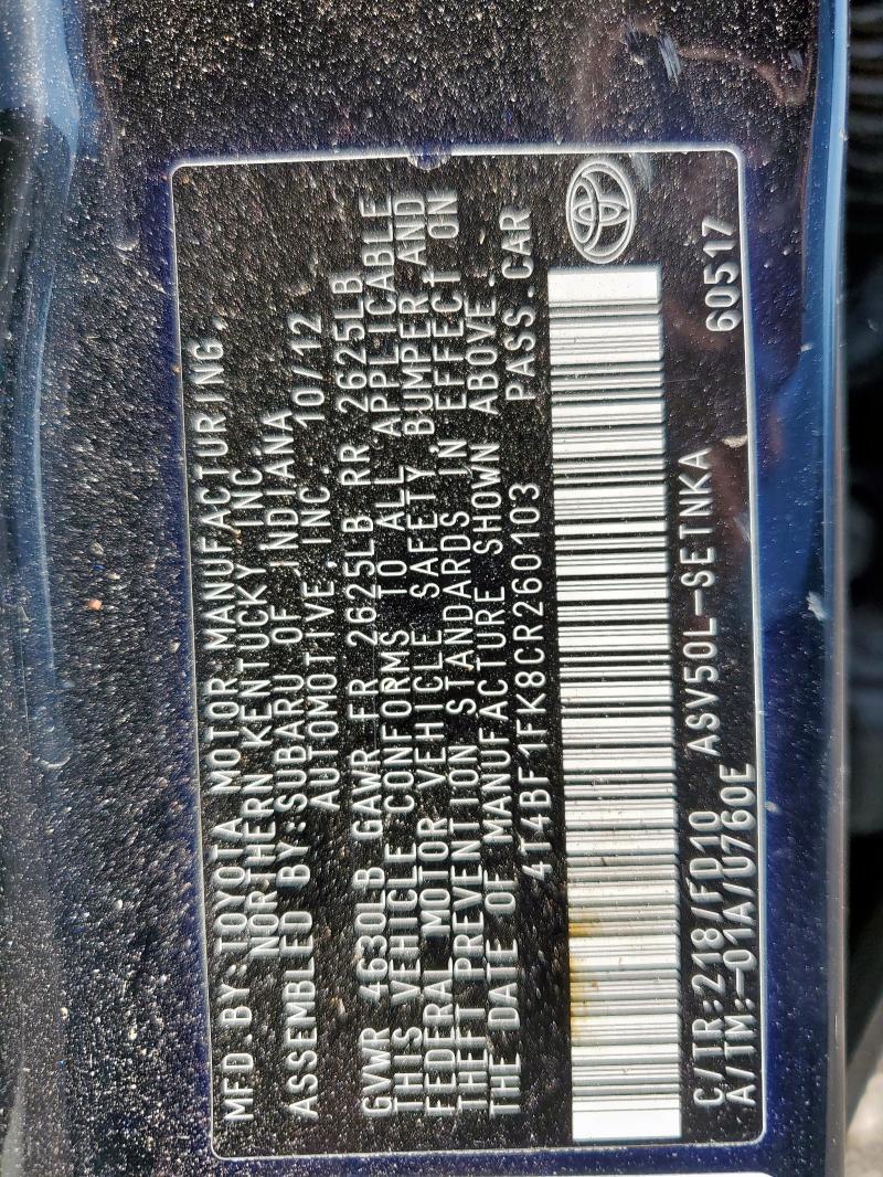 4T4BF1FK8CR260103 - 2012 TOYOTA CAMRY BASE 黑色 照片 12