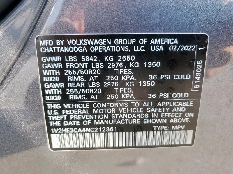1V2HE2CA4NC212361 - 2022 VOLKSWAGEN ATLAS CROS SE GRAY photo 13