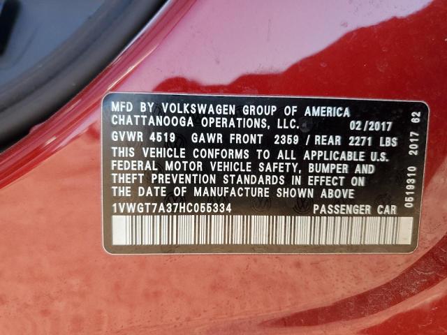 1VWGT7A37HC055334 - 2017 VOLKSWAGEN PASSAT SE 红色 照片 12