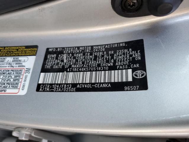 4T1BE46K57U518310 - 2007 TOYOTA CAMRY CE GRAY photo 12