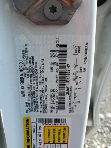 3FA6P0LU3KR185142 - 2019 FORD FUSION SE WHITE photo 13