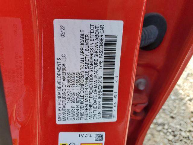 19XFL1H83NE012675 - 2022 HONDA CIVIC SPORT TOURING RED photo 12