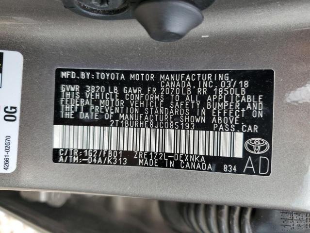 2T1BURHE8JC085193 - 2018 TOYOTA COROLLA L GRAY photo 12