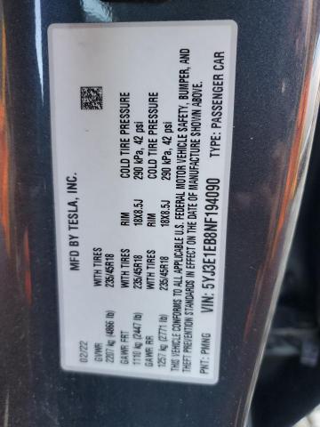5YJ3E1EB8NF194090 - 2022 TESLA MODEL 3 Gris foto 12