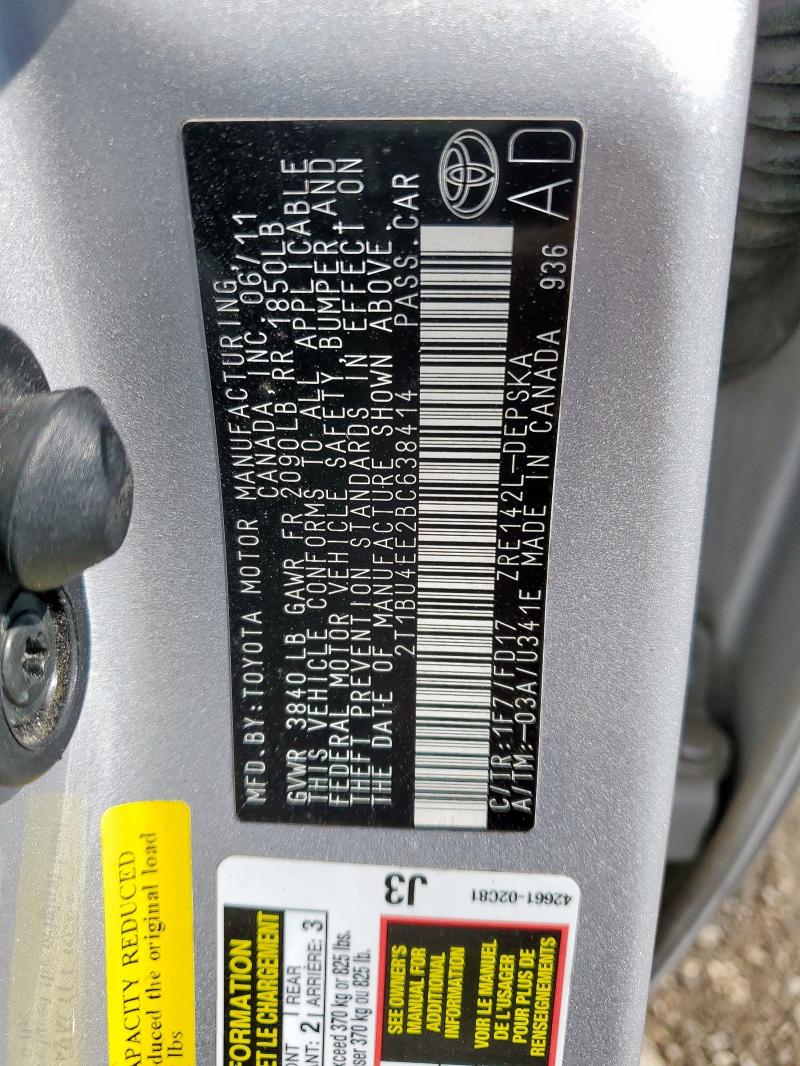 2T1BU4EE2BC638414 - 2011 TOYOTA COROLLA BASE Արծաթագույն լուսանկար 13