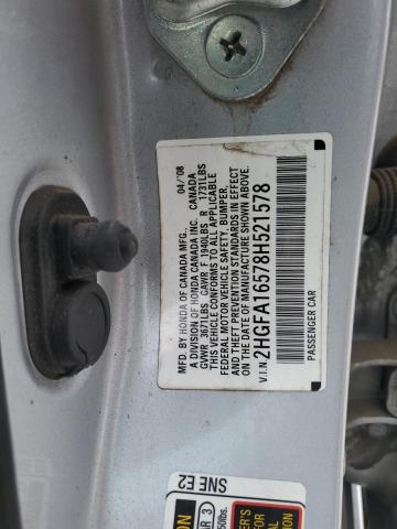 2HGFA16578H521578 - 2008 HONDA CIVIC LX Gümüş foto 12