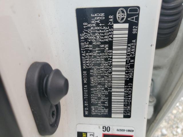 2T1BURHE1KC147468 - 2019 TOYOTA COROLLA L WHITE photo 12