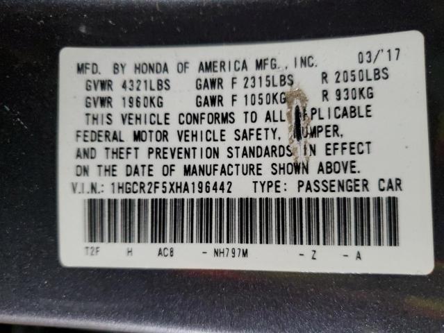 1HGCR2F5XHA196442 - 2017 HONDA ACCORD SPORT GRAY photo 12