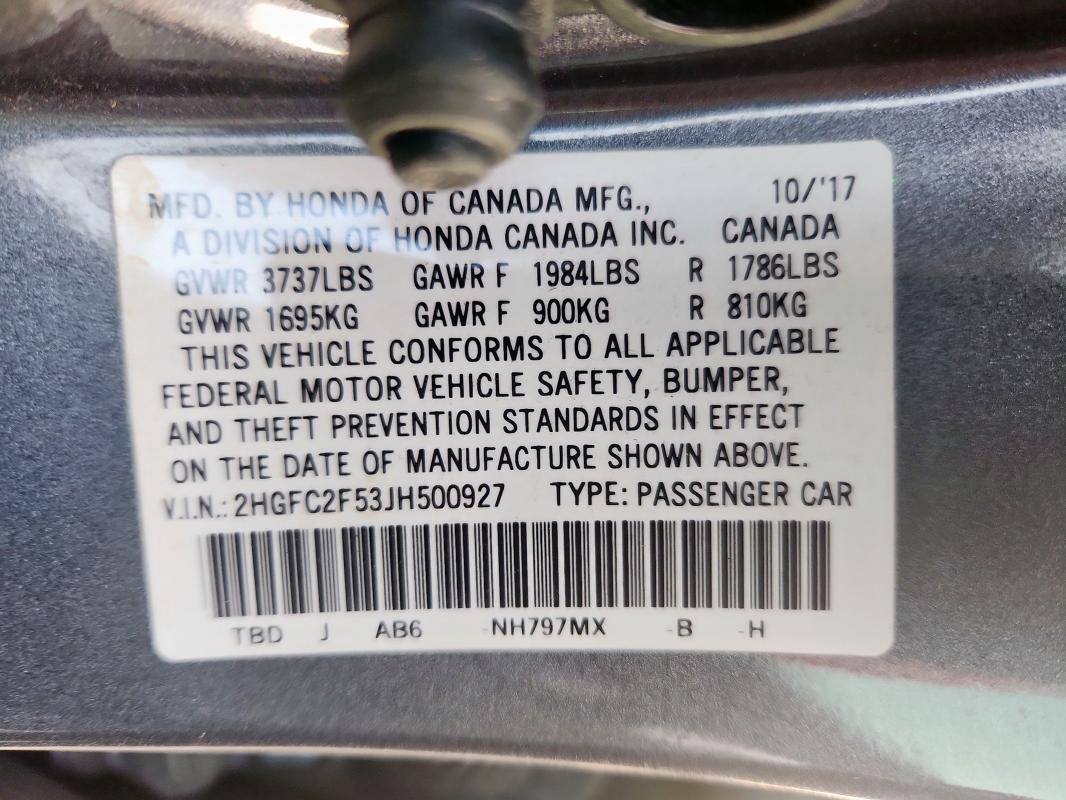 2HGFC2F53JH500927 - 2018 HONDA CIVIC LX 灰色 照片 12