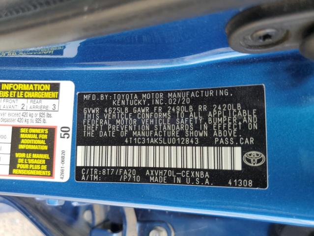 4T1C31AK5LU012843 - 2020 TOYOTA CAMRY LE 蓝色 照片 12