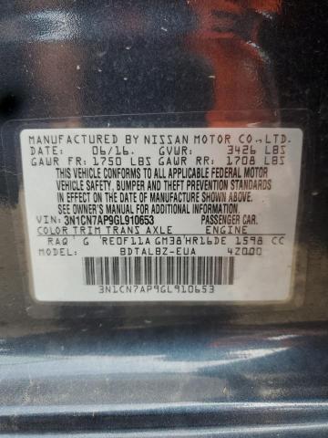 3N1CN7AP9GL910653 - 2016 NISSAN VERSA S BLUE photo 13