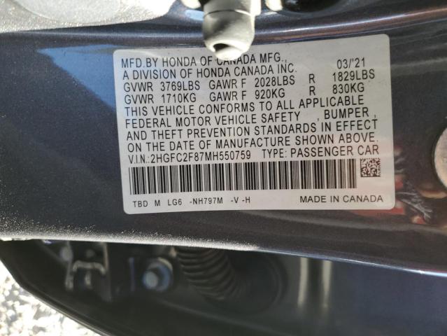2HGFC2F87MH550759 - 2021 HONDA CIVIC SPORT 灰色 照片 12