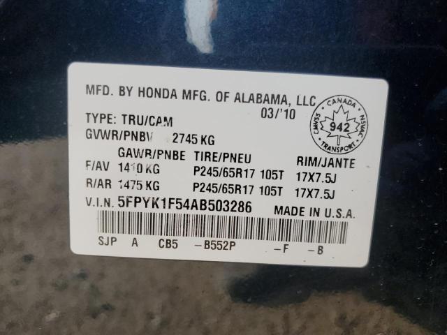 5FPYK1F54AB503286 - 2010 HONDA RIDGELINE RTL BLUE photo 12