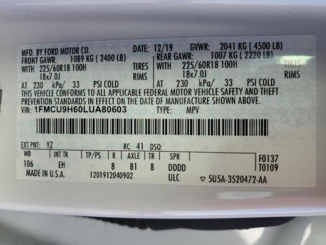 1FMCU9H60LUA80603 - 2020 FORD ESCAPE SEL WHITE photo 13