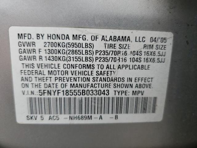 5FNYF18555B033043 - 2005 HONDA PILOT EXL SILVER photo 13