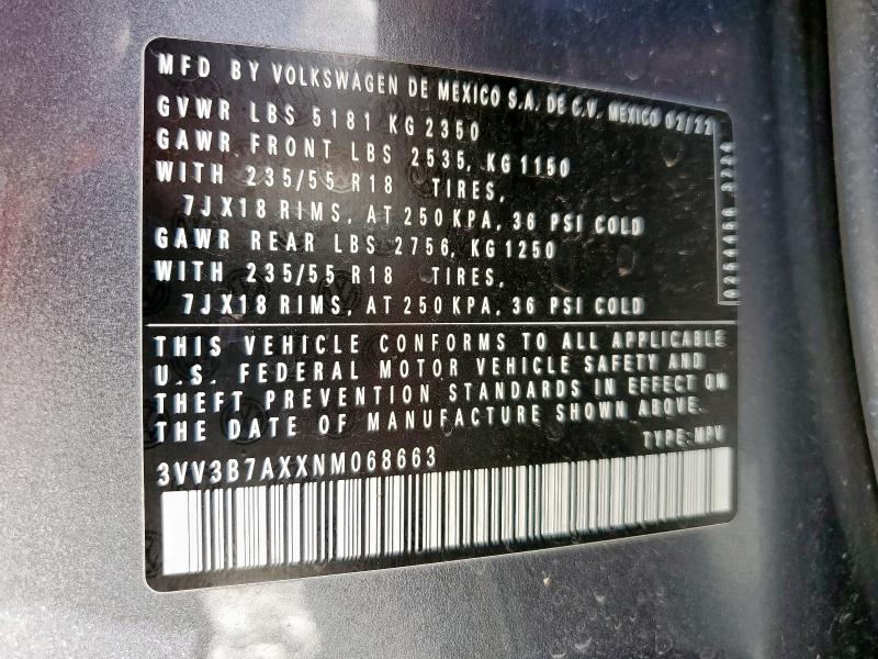 3VV3B7AXXNM068663 - 2022 VOLKSWAGEN TIGUAN SE GRAY photo 14